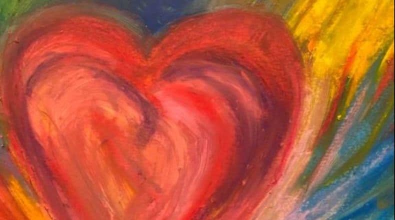 close up of a red colorful heart oil pastel drawing