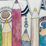 colorful pencils lined up with mindful zen dooles across the top of the page.