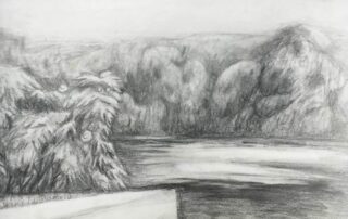 Black and white graphite drawing of trees and river rocks