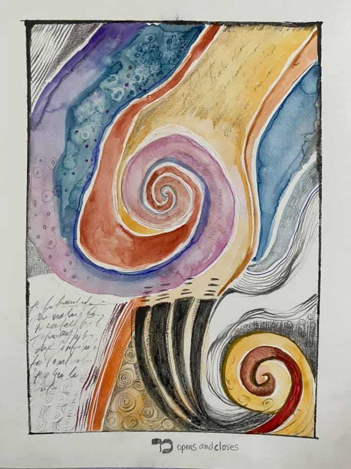 Two large colorful spirals pushing down the page, reminiscent of a fist