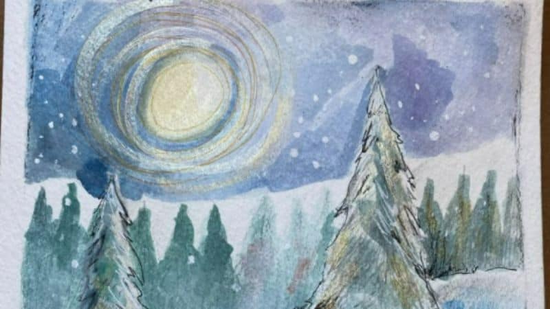 watercolor painting of a snowy hill with snow-covered pine tree and a full moon.