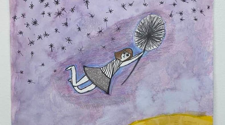 watercolor painting mostly in violets of a woman holding a dandelion like an umbrella and flying across the page