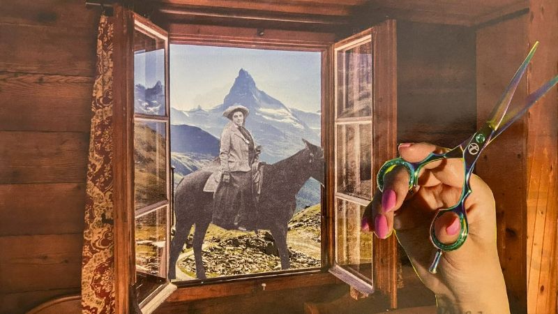 photo of an open window outside Emily Karr on a horse, inside a woman with a tattooed hand holding scissors