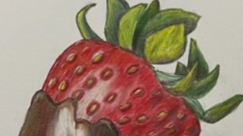 The top of a chocolate covered strawberry drawn with colored pencil. the green top is olive green, the strawberry cherry red and the chocolate brown with white shinny highlights.