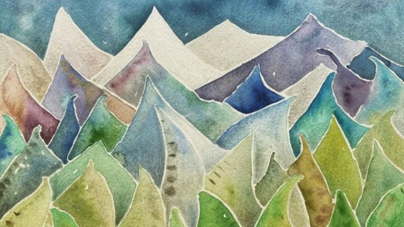 watercolor pastel mountains with peaks like whipped cream