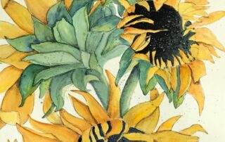 three sunflowers painted with yellow green and browns
