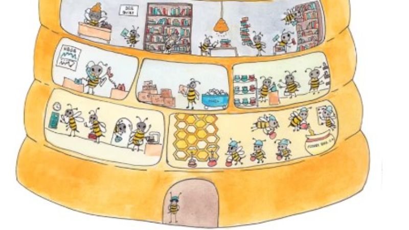 a drawing of the bottom portion of an imaginary bee hive with bees doing various jobs at desks and tables.