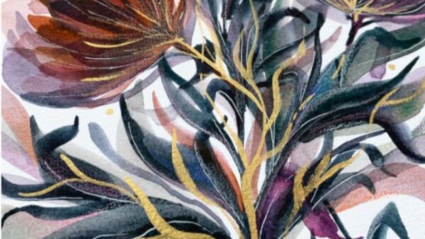 Red and and muted green leaves and flowers depicted with watercolor glazing technique